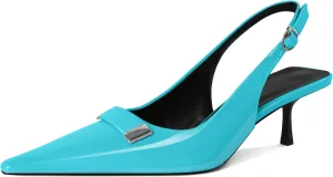Women's Pointed Toe Slingback Heels Metal Buckle Ankle Strap Kitten Low Heel Pumps 2 Inch Stylish Retro Women Shoes