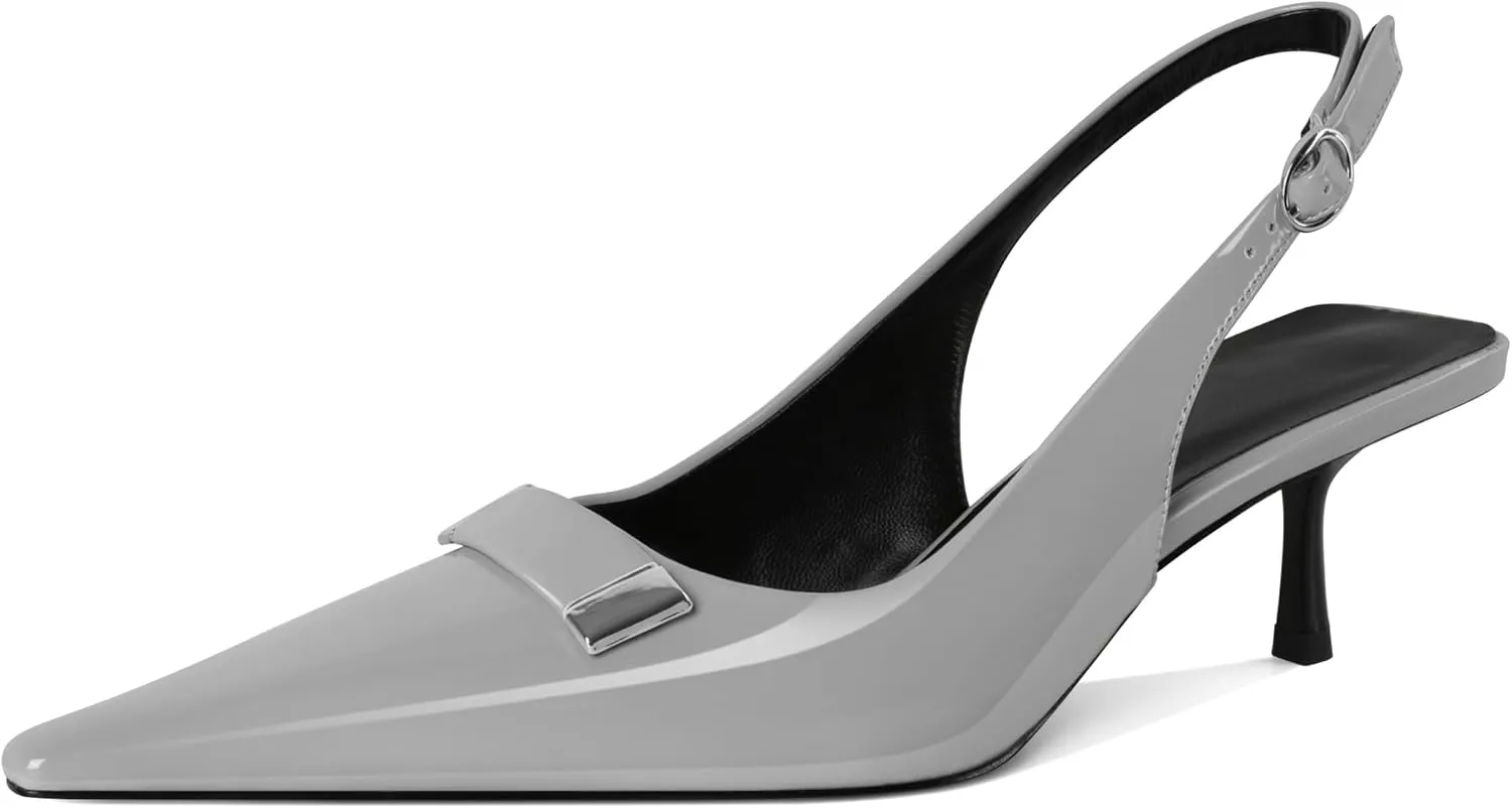 Women's Pointed Toe Slingback Heels Metal Buckle Ankle Strap Kitten Low Heel Pumps 2 Inch Stylish Retro Women Shoes