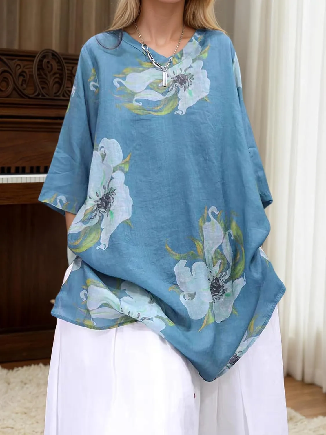 Women's Retro Flower Floral Graphic 3/4 Sleeve Tshirt Tops Summer Casual Oversized V Neck Shirt Blouse for Women