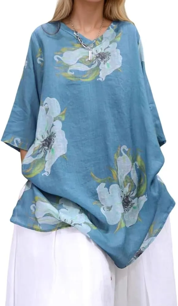 Women's Retro Flower Floral Graphic 3/4 Sleeve Tshirt Tops Summer Casual Oversized V Neck Shirt Blouse for Women