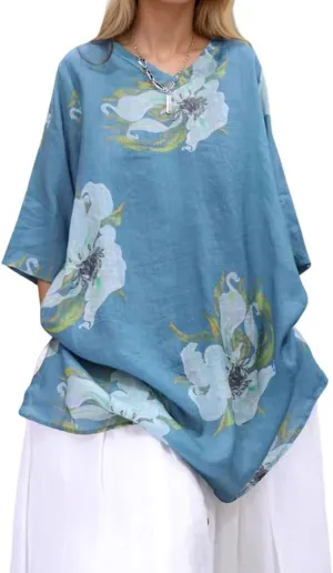 Women's Retro Flower Floral Graphic 3/4 Sleeve Tshirt Tops Summer Casual Oversized V Neck Shirt Blouse for Women