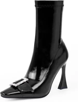 Women's Rhinestone Buckle Stiletto High Heel Ankle Boots Closed Toe Dress Party Booties