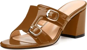 Women's Sandals, Round Open Toe Mid Heels, Slip On Fashion Buckle Heeled Sandal for Working Party Wedding