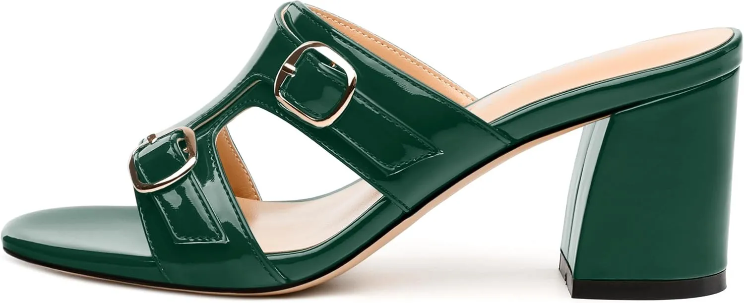 Women's Sandals, Round Open Toe Mid Heels, Slip On Fashion Buckle Heeled Sandal for Working Party Wedding