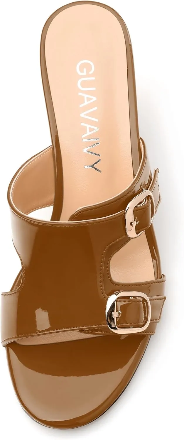 Women's Sandals, Round Open Toe Mid Heels, Slip On Fashion Buckle Heeled Sandal for Working Party Wedding