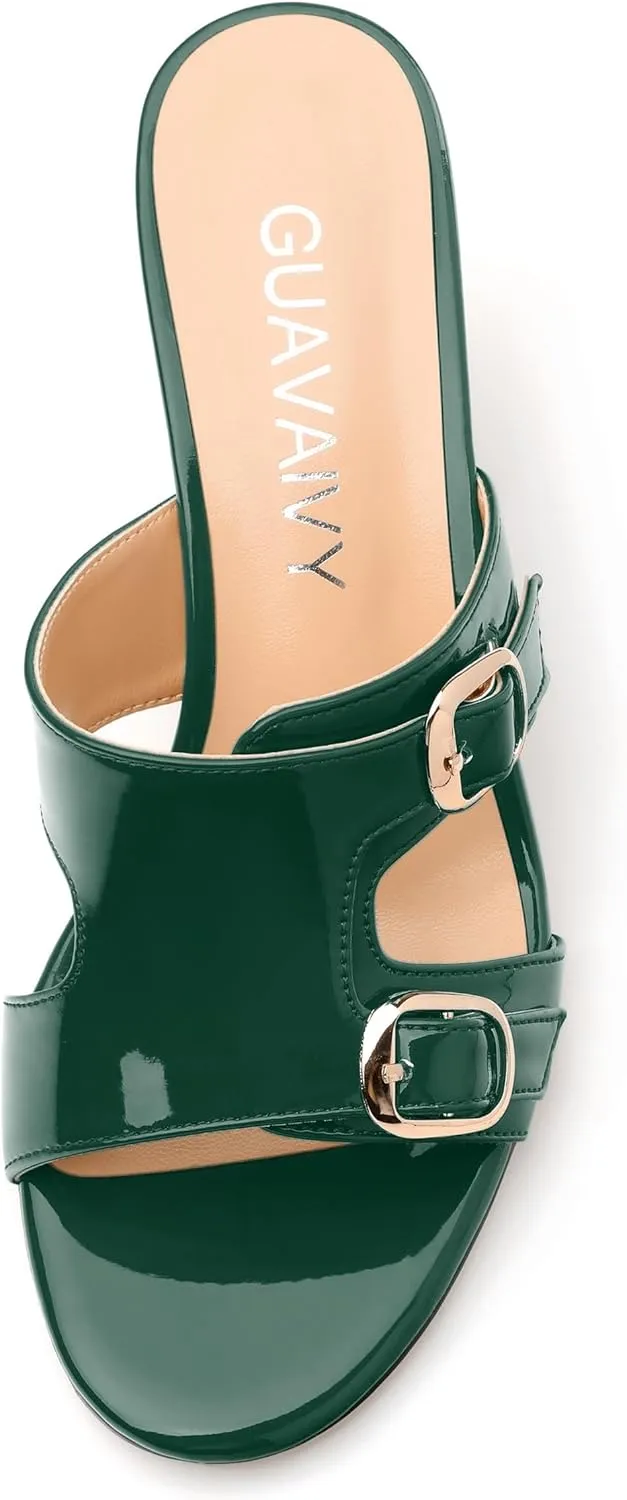 Women's Sandals, Round Open Toe Mid Heels, Slip On Fashion Buckle Heeled Sandal for Working Party Wedding