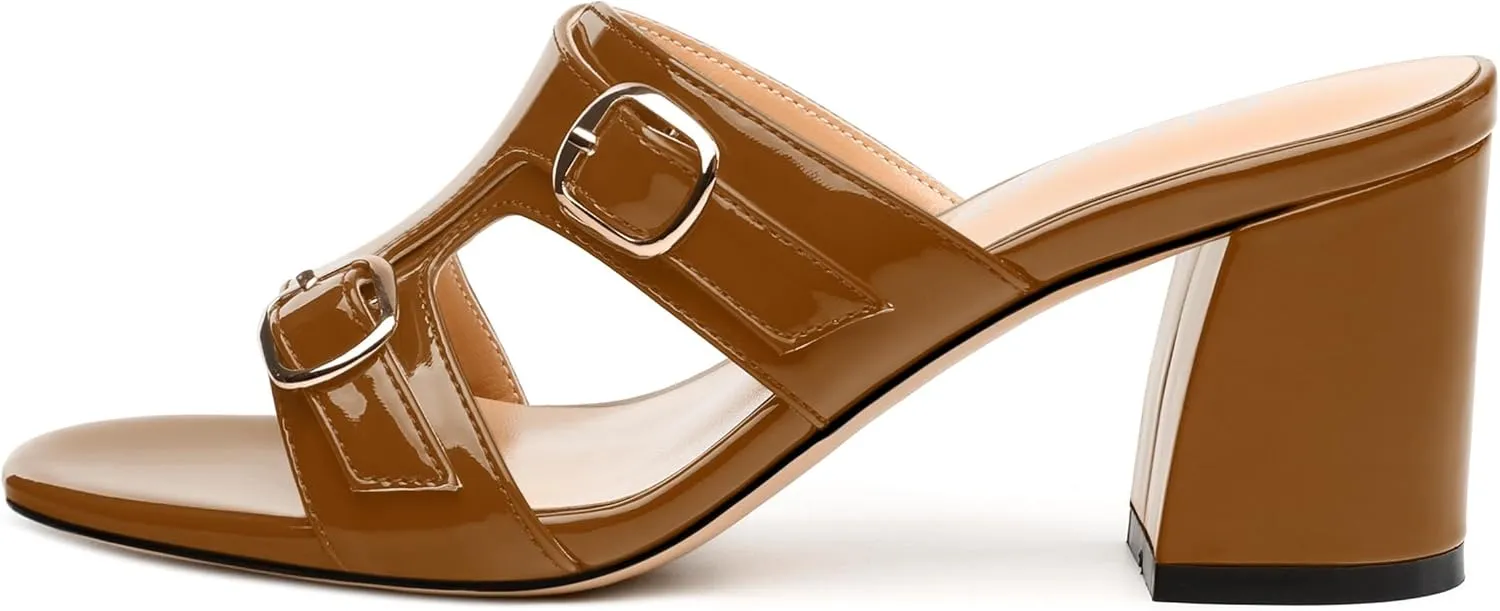 Women's Sandals, Round Open Toe Mid Heels, Slip On Fashion Buckle Heeled Sandal for Working Party Wedding