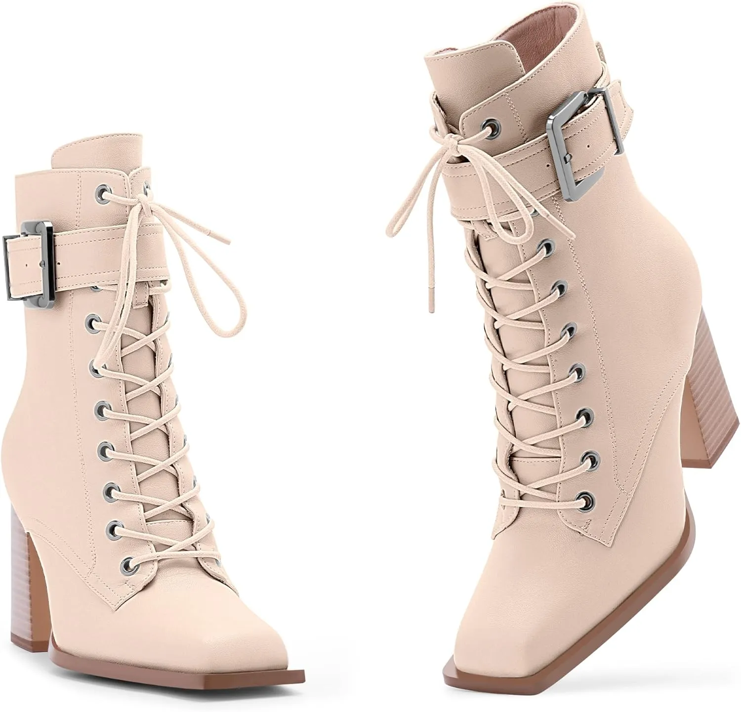 Women's Sexy Block High Heel Ankle Boots Square Toe Lace Up Buckle Strap Dress Booties