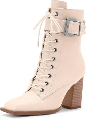 Women's Sexy Block High Heel Ankle Boots Square Toe Lace Up Buckle Strap Dress Booties