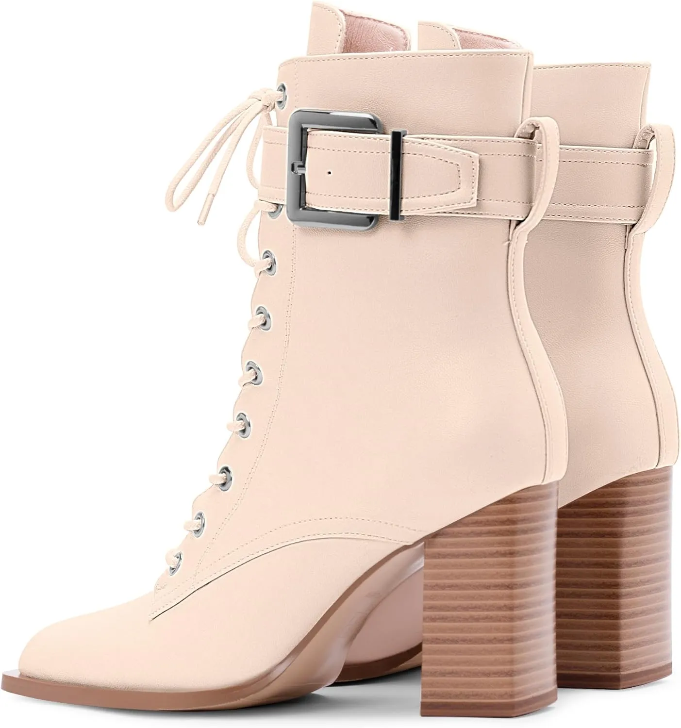 Women's Sexy Block High Heel Ankle Boots Square Toe Lace Up Buckle Strap Dress Booties