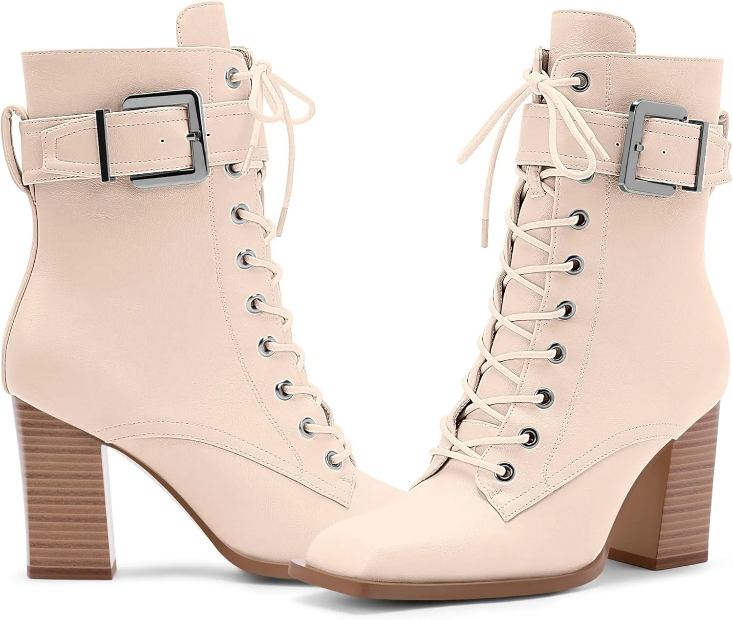 Women's Sexy Block High Heel Ankle Boots Square Toe Lace Up Buckle Strap Dress Booties