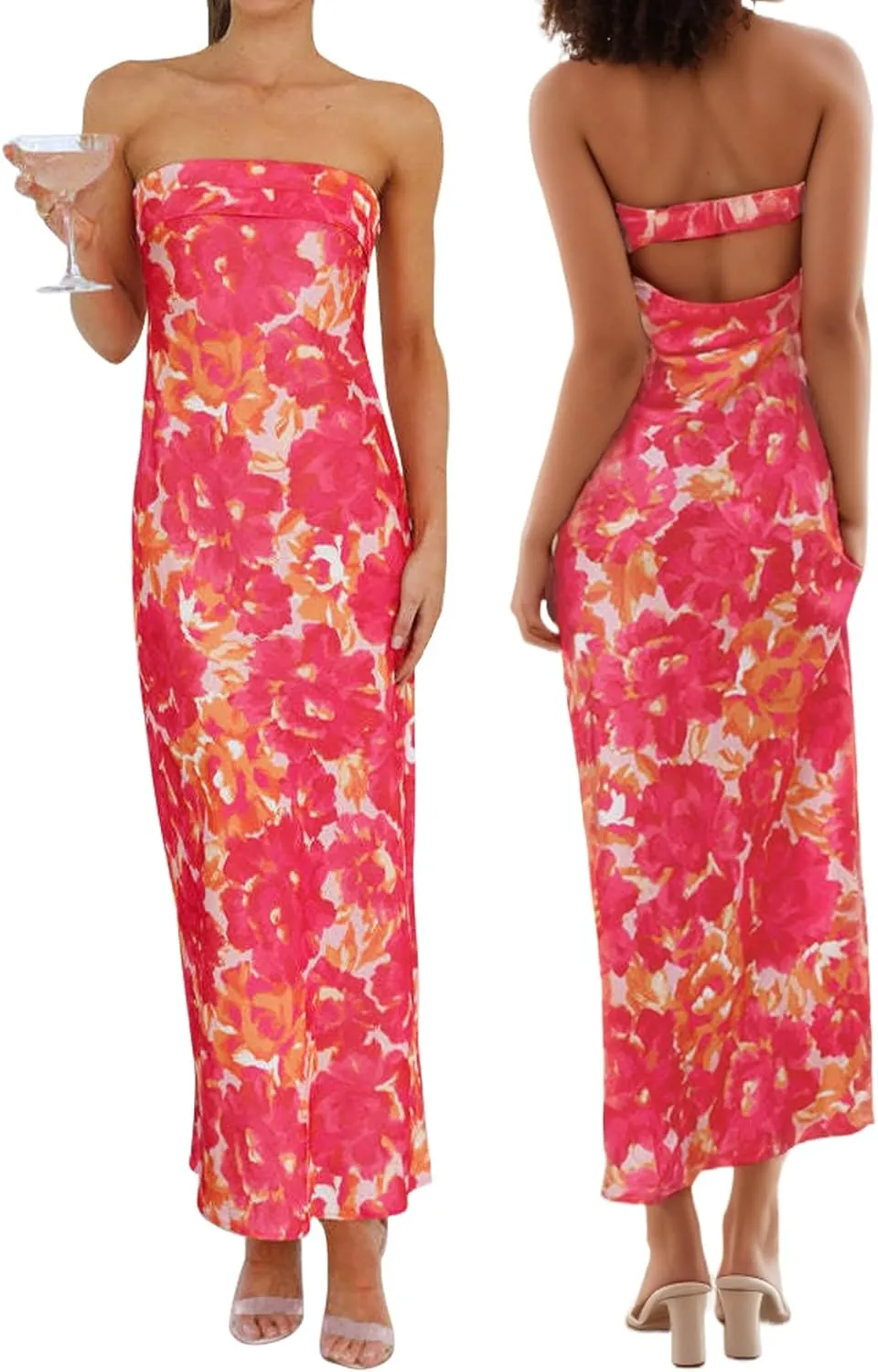Women's Sexy Satin Tube Maxi Dress Elegant Silk Strapless Open Back Party Cocktail Wedding Guest Formal Long Dresses