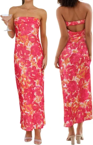 Women's Sexy Satin Tube Maxi Dress Elegant Silk Strapless Open Back Party Cocktail Wedding Guest Formal Long Dresses