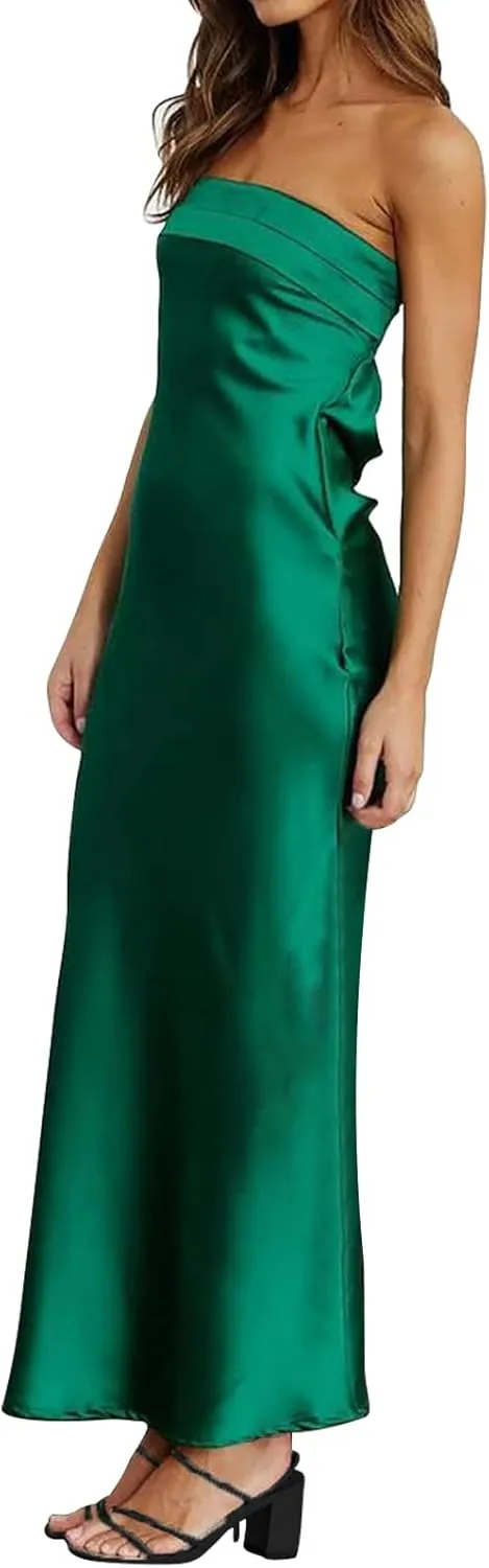 Women's Sexy Satin Tube Maxi Dress Elegant Silk Strapless Open Back Party Cocktail Wedding Guest Formal Long Dresses