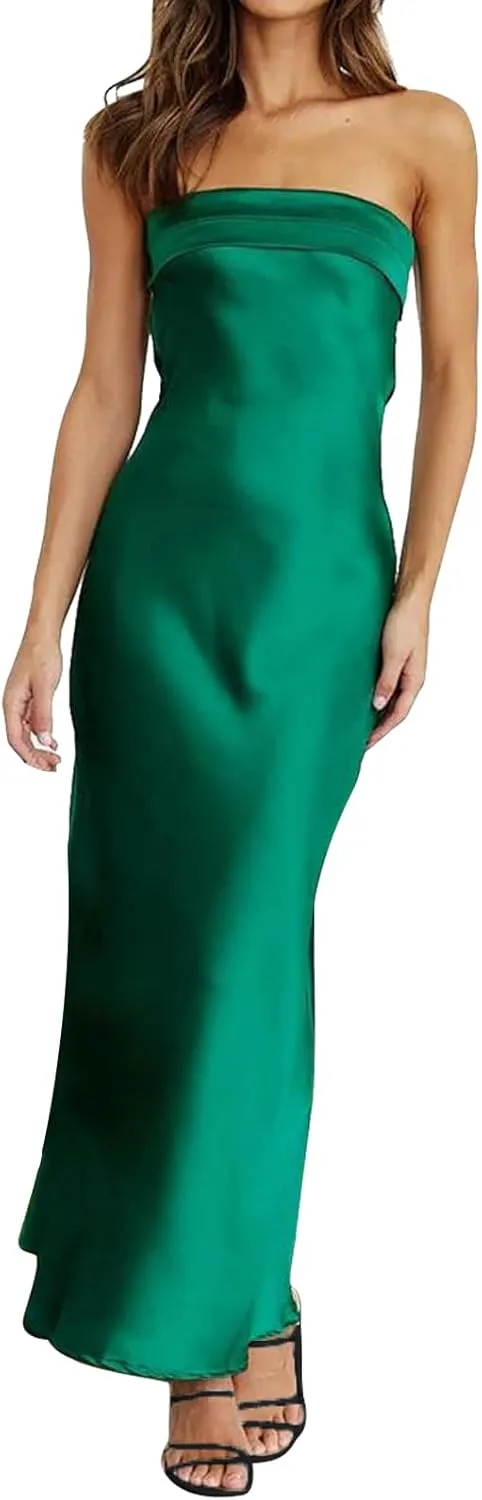 Women's Sexy Satin Tube Maxi Dress Elegant Silk Strapless Open Back Party Cocktail Wedding Guest Formal Long Dresses