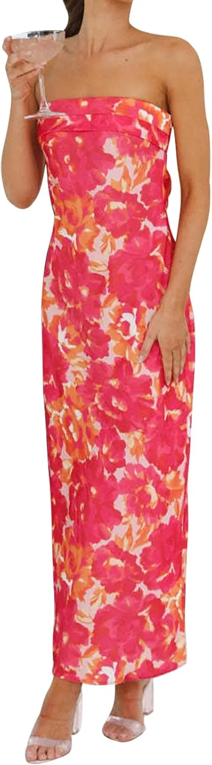 Women's Sexy Satin Tube Maxi Dress Elegant Silk Strapless Open Back Party Cocktail Wedding Guest Formal Long Dresses