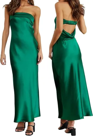 Women's Sexy Satin Tube Maxi Dress Elegant Silk Strapless Open Back Party Cocktail Wedding Guest Formal Long Dresses