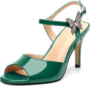 Women's Sexy Stiletto High Kitten Patent Heels Ankle Strap Buckle Round Peep Open Toe Sandals Elegant Dress Office Party Wedding Shoes For Women 3.3 Inch