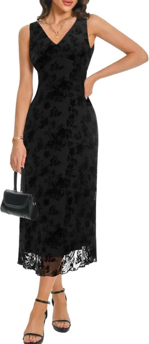 Women's Sexy V Neck Sleeveless Mesh Maxi Dresses Summer Casual Elegant Long Floral Dress Wedding Guest Cocktail Party