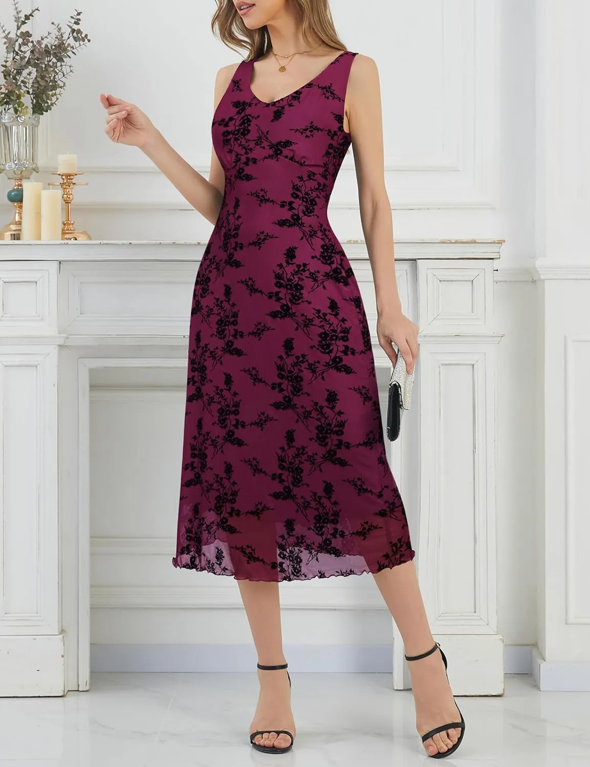 Women's Sexy V Neck Sleeveless Mesh Maxi Dresses Summer Casual Elegant Long Floral Dress Wedding Guest Cocktail Party