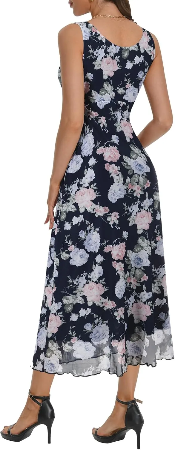 Women's Sexy V Neck Sleeveless Mesh Maxi Dresses Summer Casual Elegant Long Floral Dress Wedding Guest Cocktail Party
