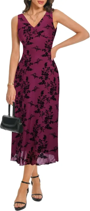 Women's Sexy V Neck Sleeveless Mesh Maxi Dresses Summer Casual Elegant Long Floral Dress Wedding Guest Cocktail Party