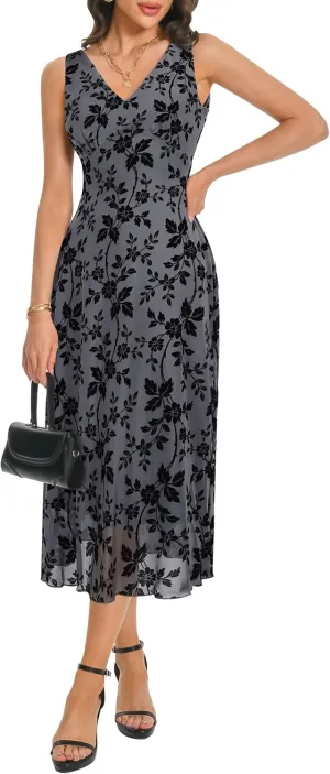 Women's Sexy V Neck Sleeveless Mesh Maxi Dresses Summer Casual Elegant Long Floral Dress Wedding Guest Cocktail Party
