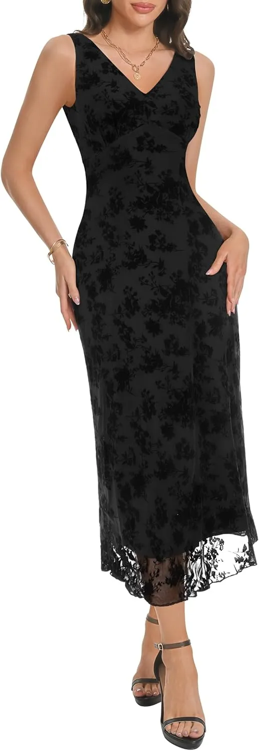 Women's Sexy V Neck Sleeveless Mesh Maxi Dresses Summer Casual Elegant Long Floral Dress Wedding Guest Cocktail Party