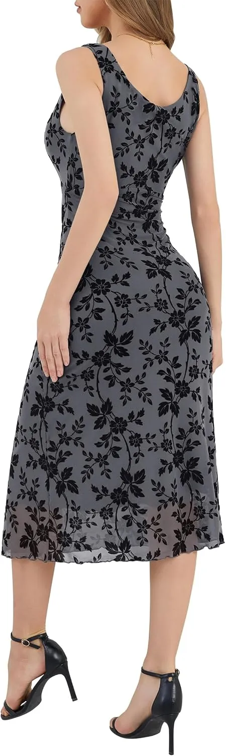 Women's Sexy V Neck Sleeveless Mesh Maxi Dresses Summer Casual Elegant Long Floral Dress Wedding Guest Cocktail Party