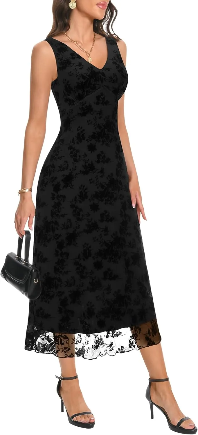 Women's Sexy V Neck Sleeveless Mesh Maxi Dresses Summer Casual Elegant Long Floral Dress Wedding Guest Cocktail Party