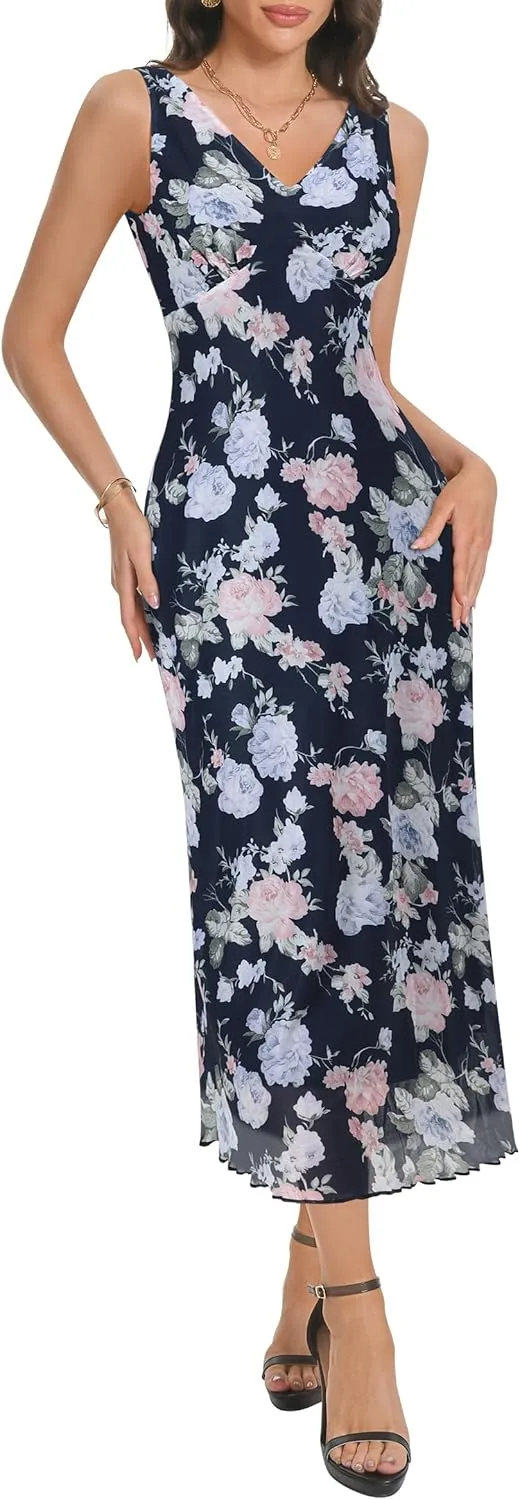 Women's Sexy V Neck Sleeveless Mesh Maxi Dresses Summer Casual Elegant Long Floral Dress Wedding Guest Cocktail Party