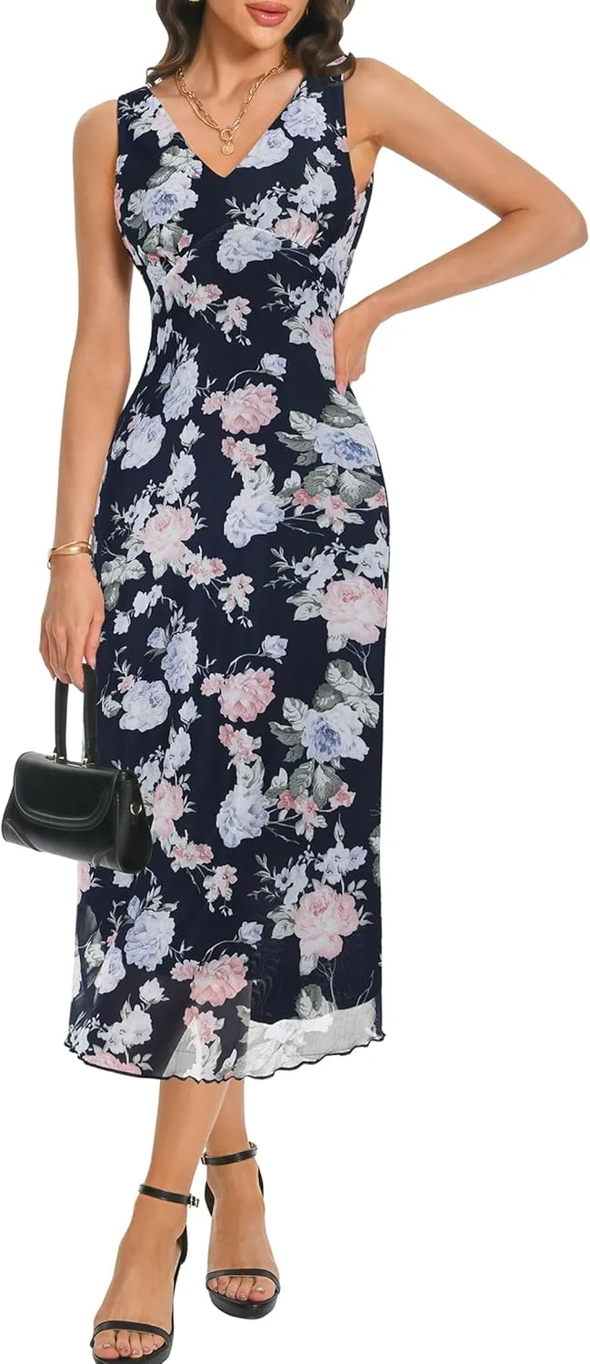 Women's Sexy V Neck Sleeveless Mesh Maxi Dresses Summer Casual Elegant Long Floral Dress Wedding Guest Cocktail Party