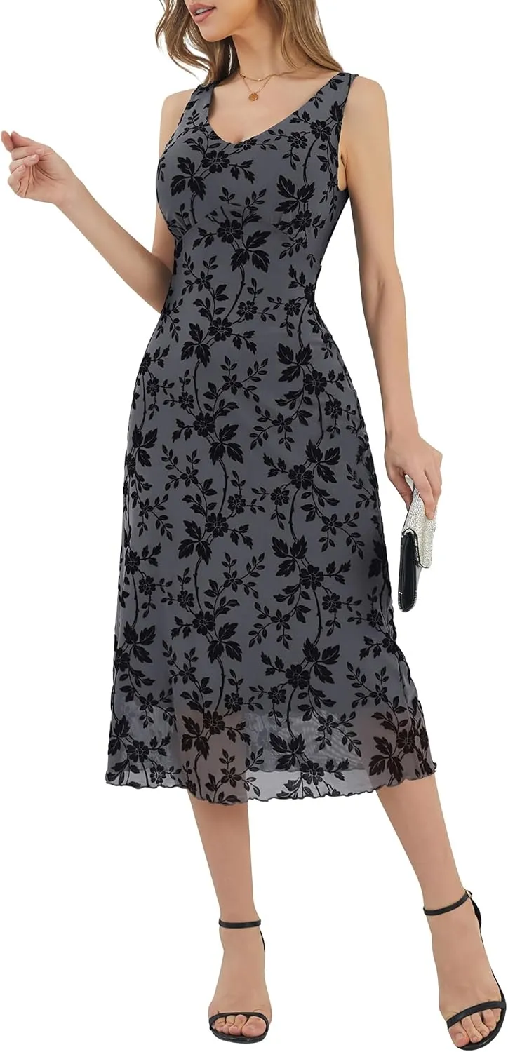 Women's Sexy V Neck Sleeveless Mesh Maxi Dresses Summer Casual Elegant Long Floral Dress Wedding Guest Cocktail Party