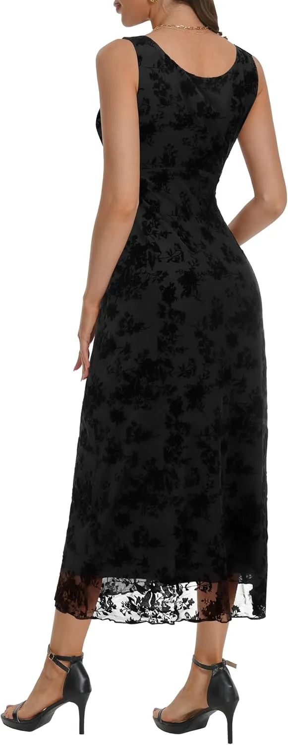 Women's Sexy V Neck Sleeveless Mesh Maxi Dresses Summer Casual Elegant Long Floral Dress Wedding Guest Cocktail Party