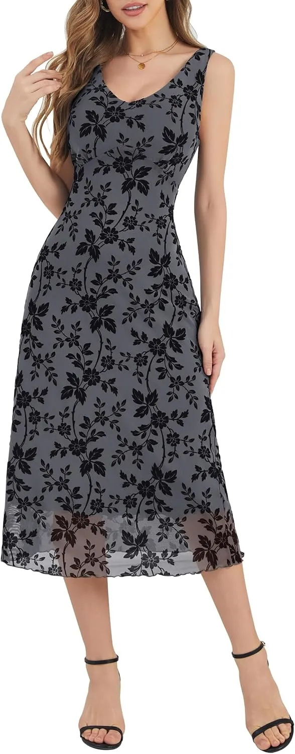 Women's Sexy V Neck Sleeveless Mesh Maxi Dresses Summer Casual Elegant Long Floral Dress Wedding Guest Cocktail Party