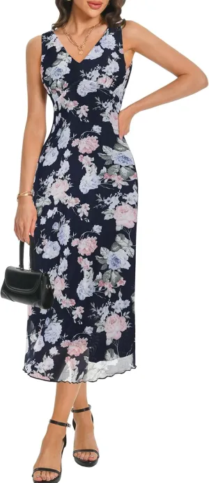 Women's Sexy V Neck Sleeveless Mesh Maxi Dresses Summer Casual Elegant Long Floral Dress Wedding Guest Cocktail Party
