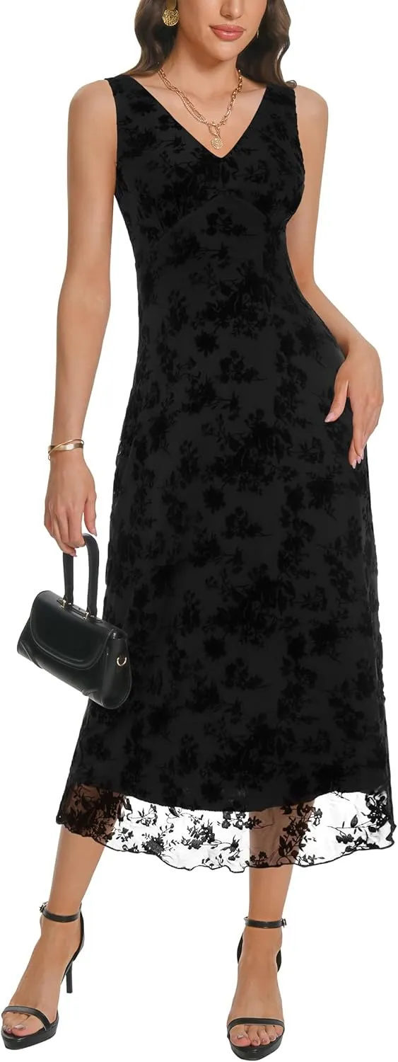 Women's Sexy V Neck Sleeveless Mesh Maxi Dresses Summer Casual Elegant Long Floral Dress Wedding Guest Cocktail Party