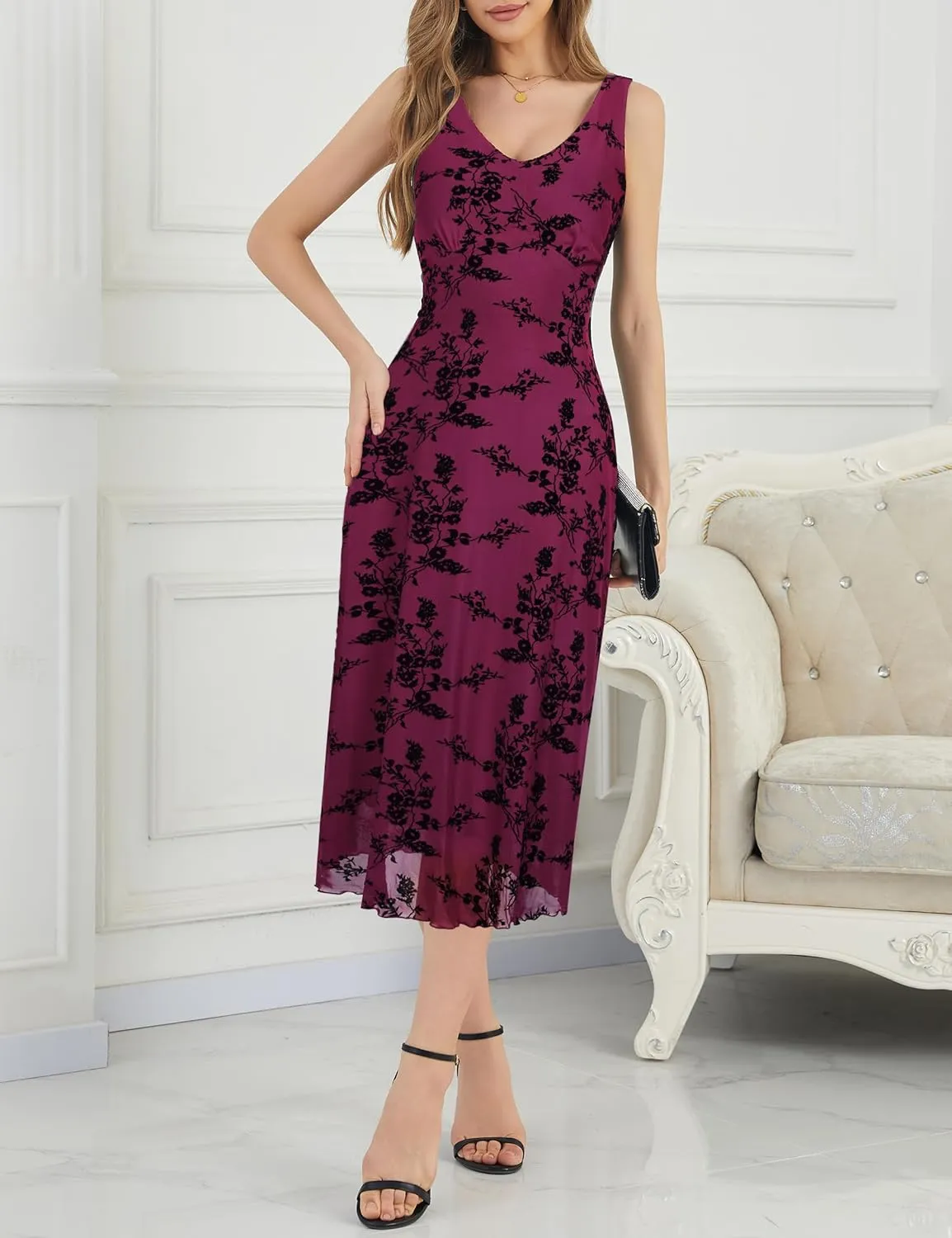 Women's Sexy V Neck Sleeveless Mesh Maxi Dresses Summer Casual Elegant Long Floral Dress Wedding Guest Cocktail Party