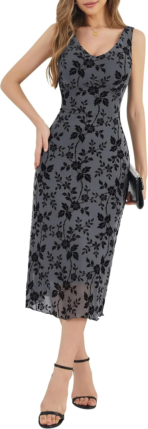 Women's Sexy V Neck Sleeveless Mesh Maxi Dresses Summer Casual Elegant Long Floral Dress Wedding Guest Cocktail Party