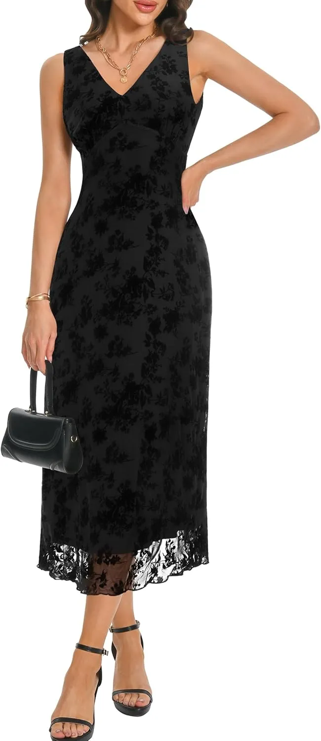 Women's Sexy V Neck Sleeveless Mesh Maxi Dresses Summer Casual Elegant Long Floral Dress Wedding Guest Cocktail Party