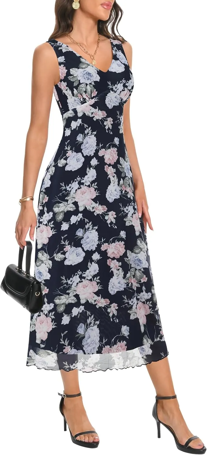Women's Sexy V Neck Sleeveless Mesh Maxi Dresses Summer Casual Elegant Long Floral Dress Wedding Guest Cocktail Party