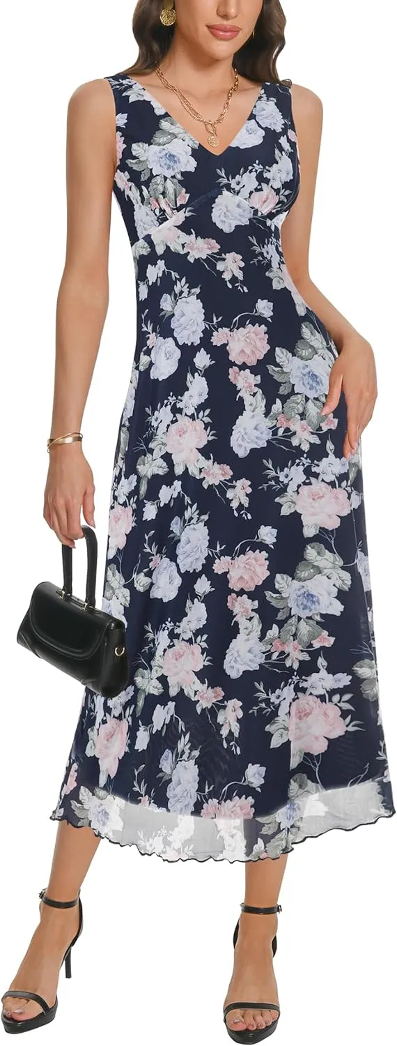 Women's Sexy V Neck Sleeveless Mesh Maxi Dresses Summer Casual Elegant Long Floral Dress Wedding Guest Cocktail Party