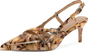 Women's Slingback Kitten Heels Buckle Strap Work Pumps Pointed Toe Sandals Slip On Comfortable 2.5 Inch Dress Shoes
