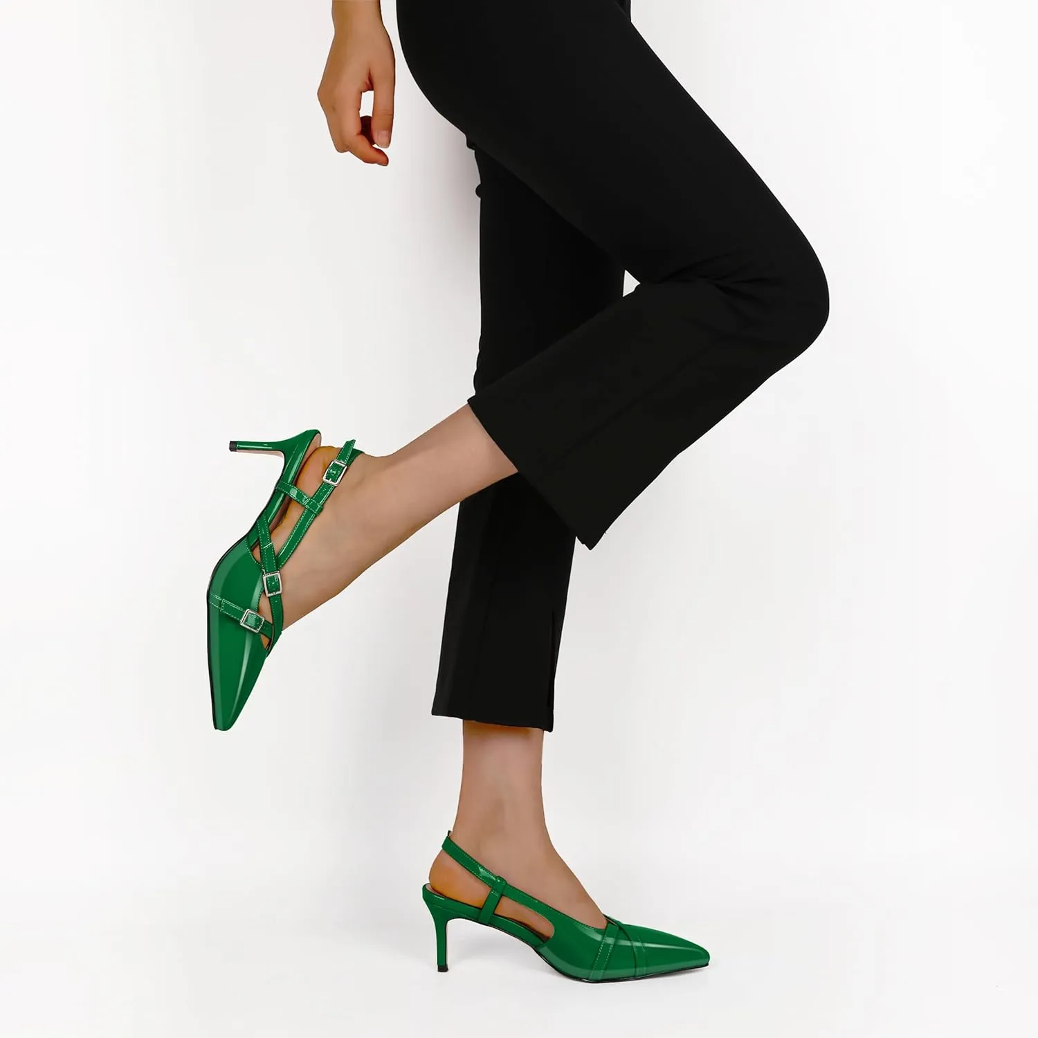 Women's Slingback Kitten Heels Buckle Strap Work Pumps Pointed Toe Sandals Slip On Comfortable 2.5 Inch Dress Shoes
