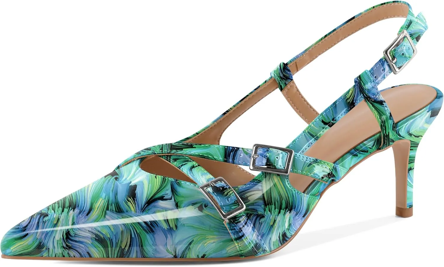Women's Slingback Kitten Heels Buckle Strap Work Pumps Pointed Toe Sandals Slip On Comfortable 2.5 Inch Dress Shoes