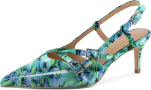 Women's Slingback Kitten Heels Buckle Strap Work Pumps Pointed Toe Sandals Slip On Comfortable 2.5 Inch Dress Shoes