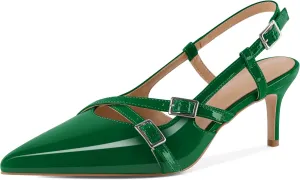 Women's Slingback Kitten Heels Buckle Strap Work Pumps Pointed Toe Sandals Slip On Comfortable 2.5 Inch Dress Shoes