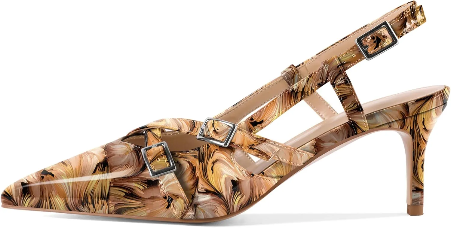 Women's Slingback Kitten Heels Buckle Strap Work Pumps Pointed Toe Sandals Slip On Comfortable 2.5 Inch Dress Shoes