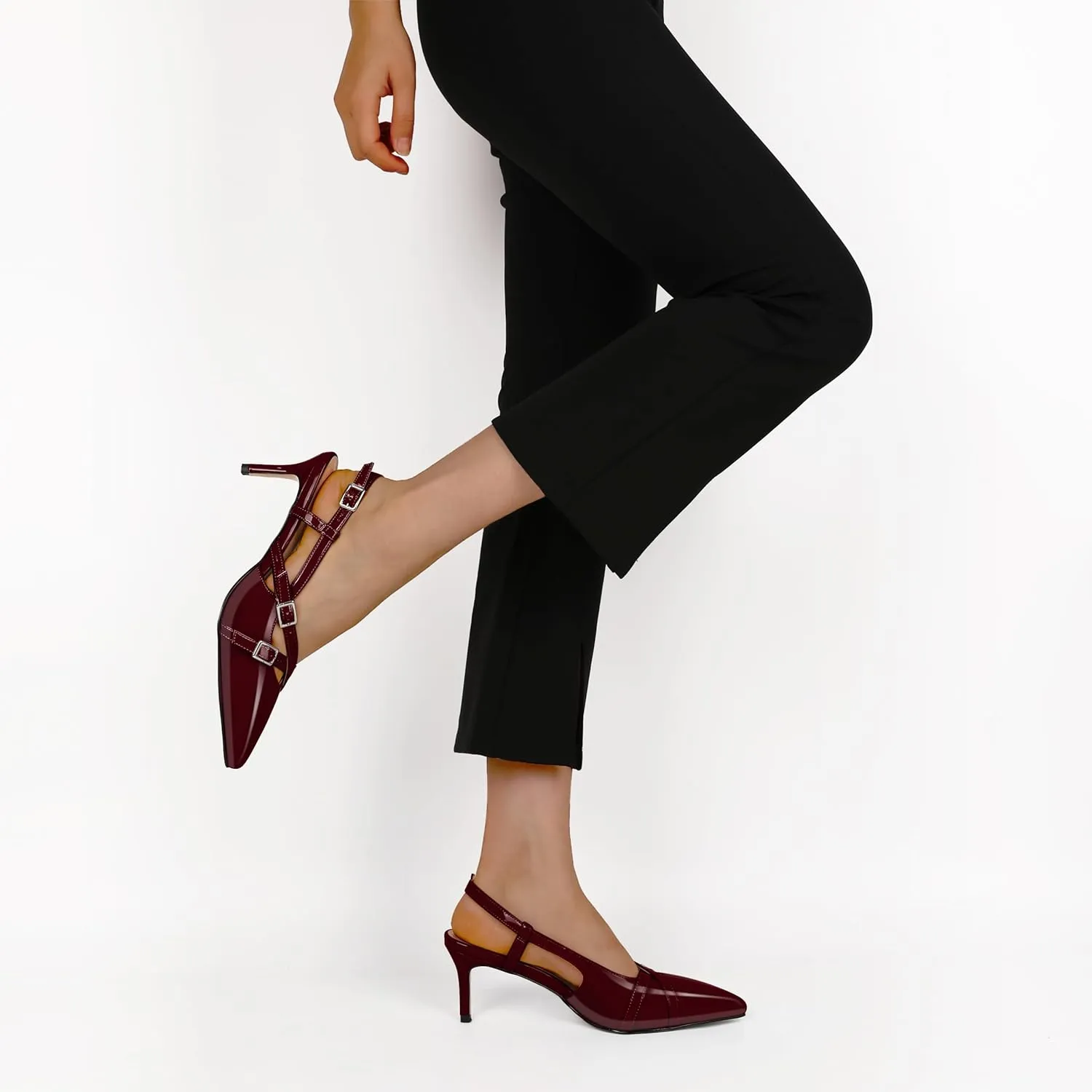Women's Slingback Kitten Heels Buckle Strap Work Pumps Pointed Toe Sandals Slip On Comfortable 2.5 Inch Dress Shoes