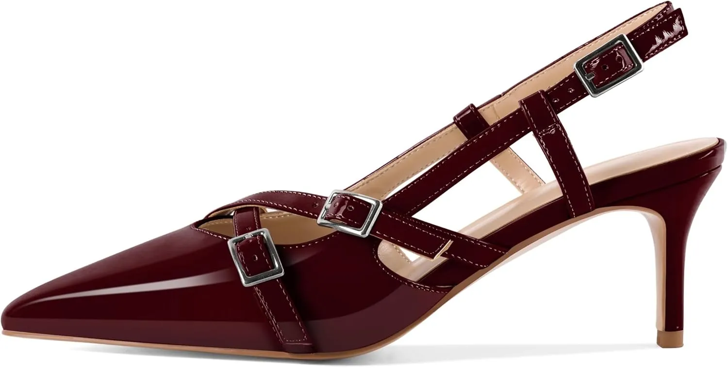 Women's Slingback Kitten Heels Buckle Strap Work Pumps Pointed Toe Sandals Slip On Comfortable 2.5 Inch Dress Shoes